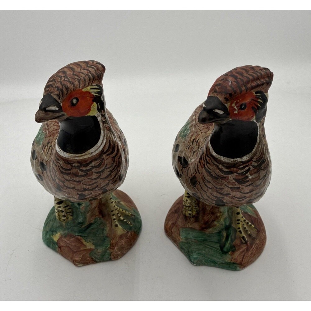 Two Vintage Cantagalli Italy Hand Painted Majolica Grouse Figurines Signed.
